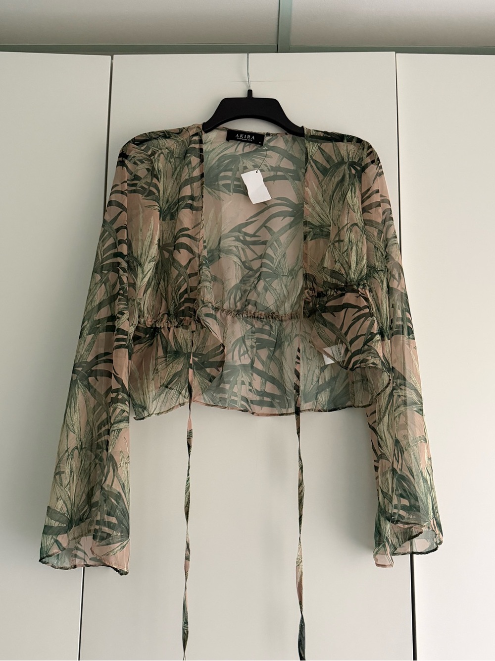 AKIRA Sheer Leaf-Print Tie-Front Crop Blouse in Green and Nude